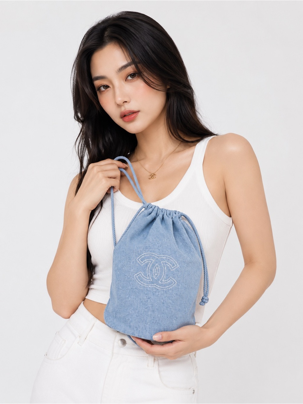 CHANEL - Light Blue Denim Drawstring Pouch with Stitched CC - Picture 2 of 3